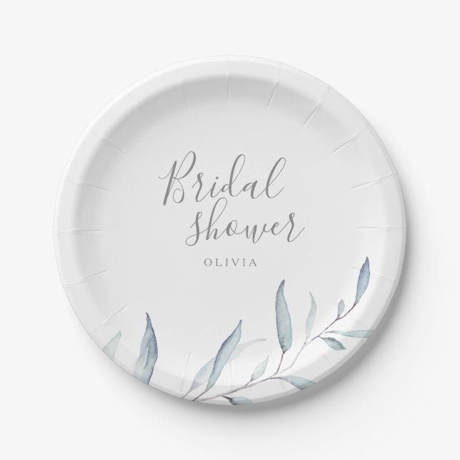 Dusty blue minimal greenery leaves bridal shower paper plate (Front)