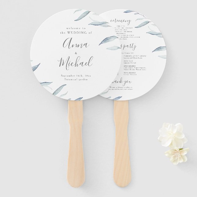 Dusty blue minimal greenery rustic wedding program hand fan (Front and Back)