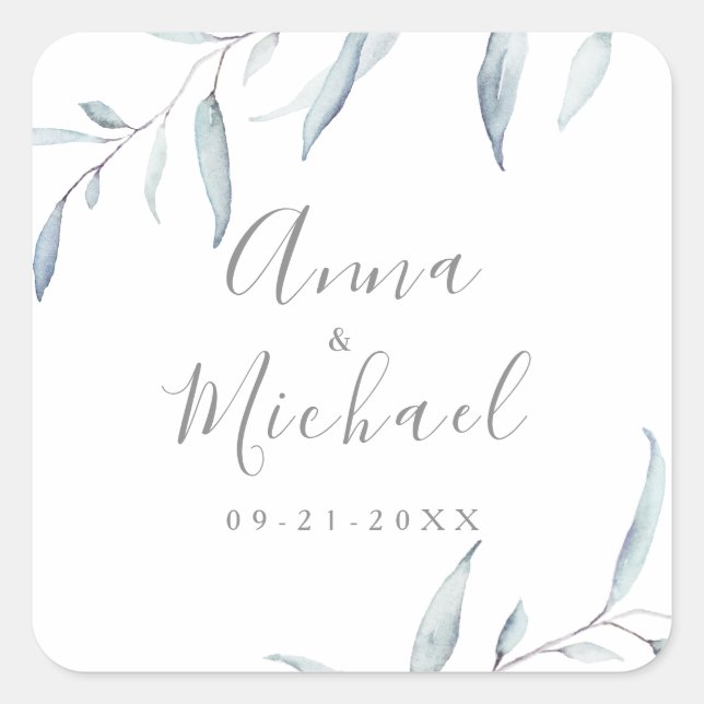 Dusty blue minimal greenery wedding favour square sticker (Front)