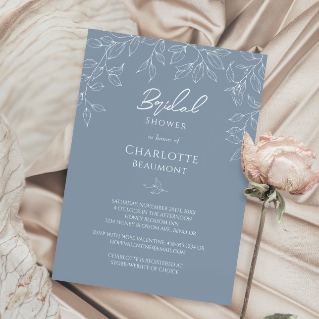 Dusty Blue Minimal Leaf Bridal Shower Invitation (Creator Uploaded)