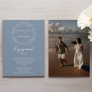 Dusty Blue Minimal Leaf Photo Engagement Party Invitation