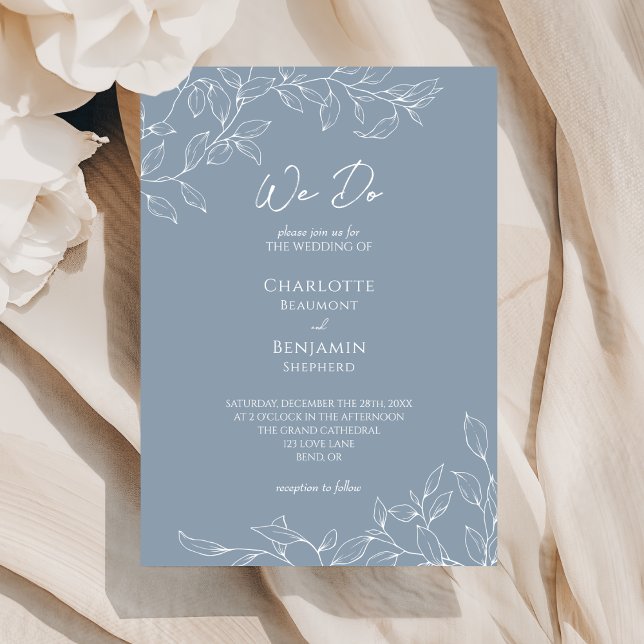 Dusty Blue Minimal Leaf We Do Wedding Invitation (Creator Uploaded)