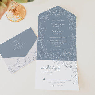 Dusty Blue Minimal Leaf Wedding All In One Invitation