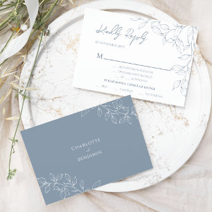 Dusty Blue Minimal Leaf Wedding Entree RSVP Card