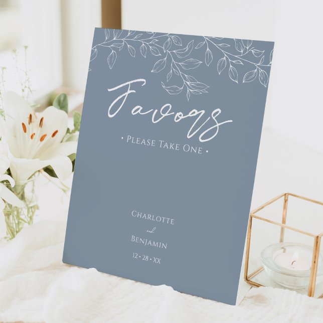 Dusty Blue Minimal Leaf Wedding Favours Pedestal Sign (Creator Uploaded)