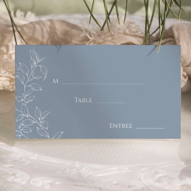 Dusty Blue Minimal Leaf Wedding Flat Place Card (Creator Uploaded)