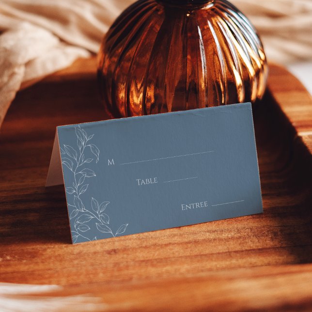 Dusty Blue Minimal Leaf Wedding Folded Place Card (Creator Uploaded)