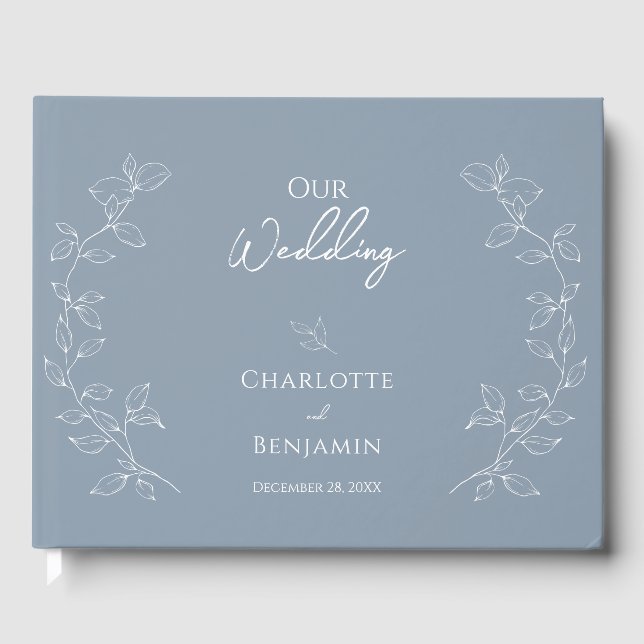 Dusty Blue Minimal Leaf Wedding Guest Book (Front)