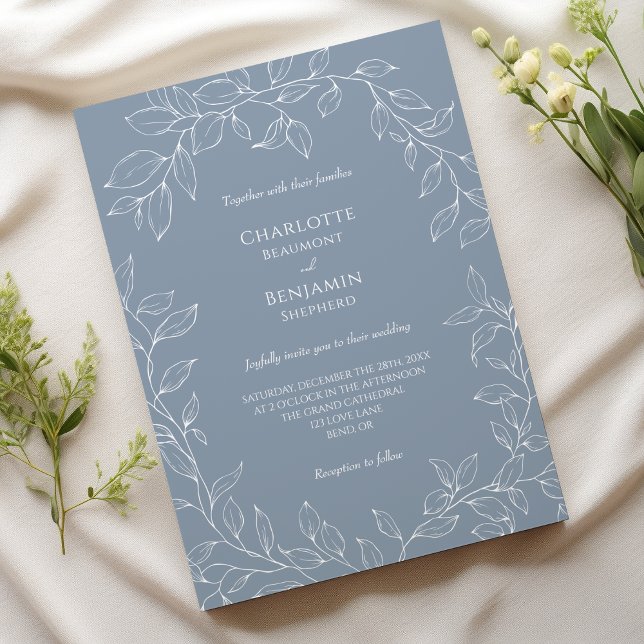 Dusty Blue Minimal Leaf Wedding Invitation (Creator Uploaded)