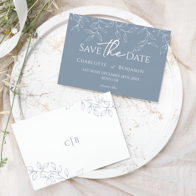 Dusty Blue Minimal Leaf Wedding Save The Date (Creator Uploaded)