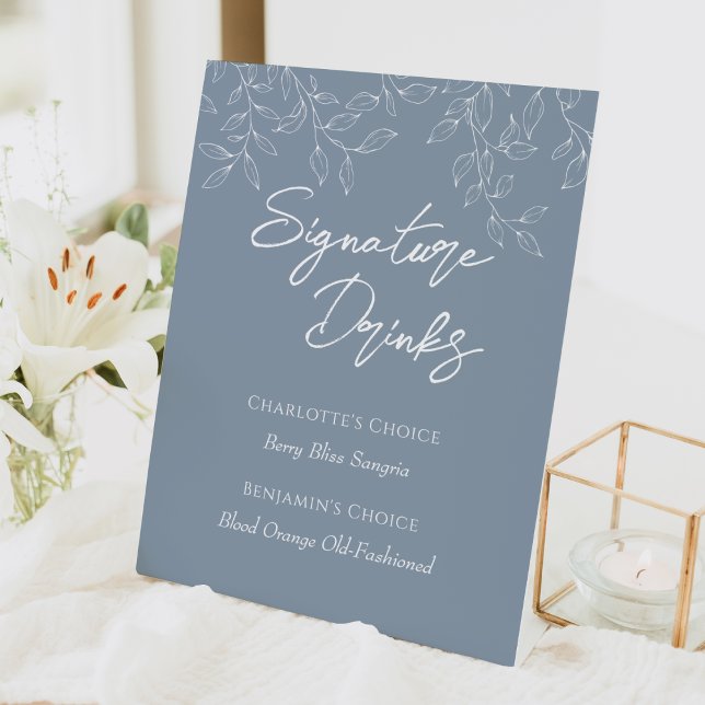 Dusty Blue Minimal Leaf Wedding Signature Drinks Pedestal Sign (Creator Uploaded)