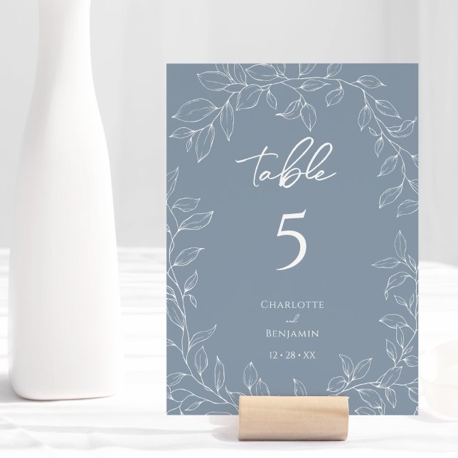 Dusty Blue Minimal Leaf Wedding Table Number (Creator Uploaded)