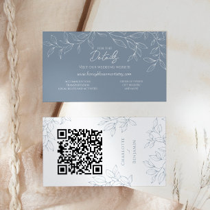 Dusty Blue Minimal Leaf Wedding Website QR Code Enclosure Card