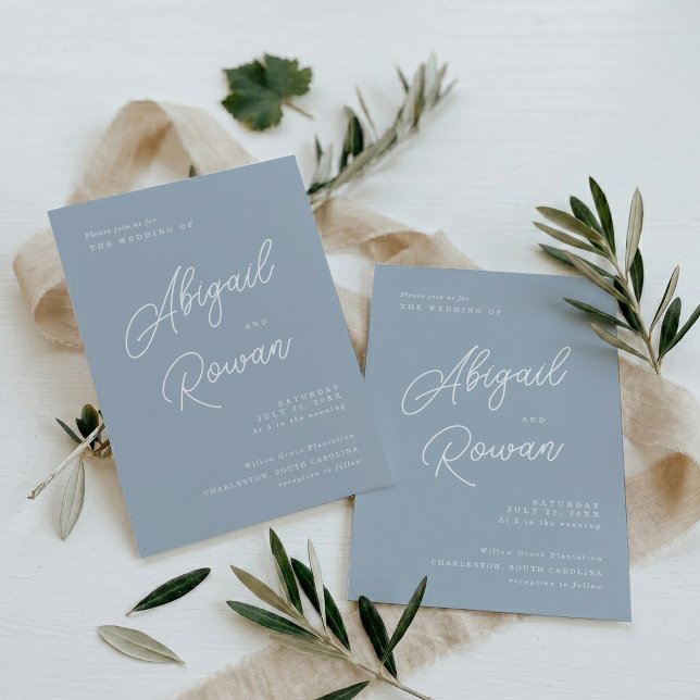 Dusty Blue Minimal Modern Calligraphy Wedding Invitation (Creator Uploaded)