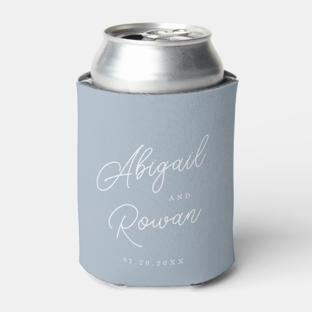 Dusty Blue Minimal Modern Script Wedding Can Cooler (Can Front)