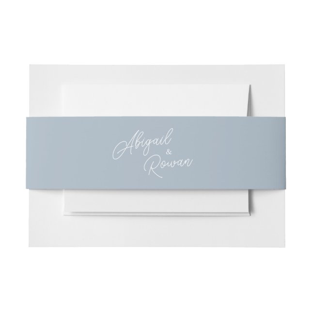 Dusty Blue Minimal Modern Script Wedding Invitation Belly Band (Front Example)