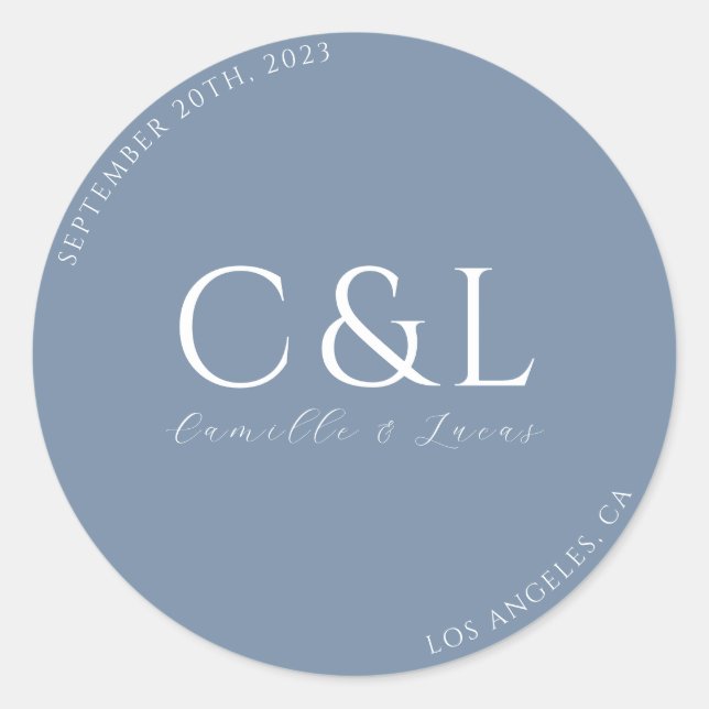 Dusty Blue minimal wedding classic round sticker (Front)