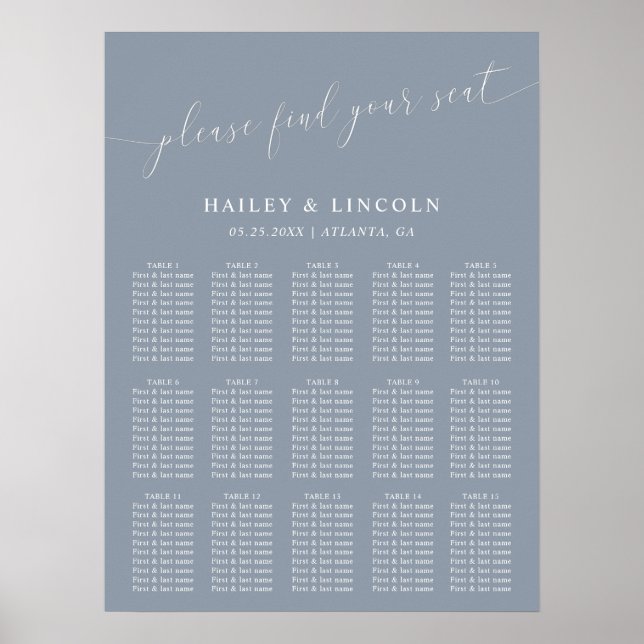 Dusty Blue Minimal Wedding Seating Chart (Front)