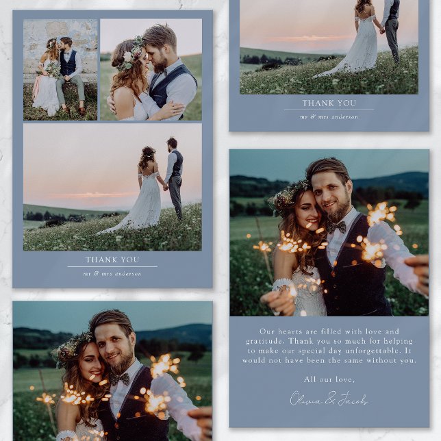 Dusty Blue Minimalist 4 Photo Wedding Thank You Card (Creator Uploaded)