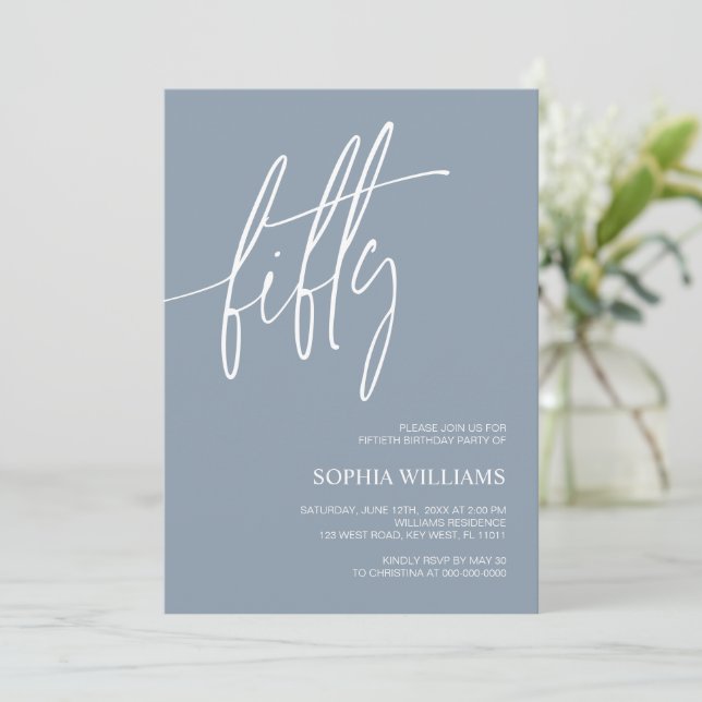 Dusty Blue Minimalist 50th Birthday Invitation (Standing Front)