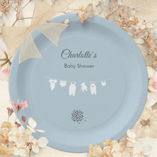 Dusty Blue Minimalist Baby Boy Shower Paper Plate
