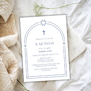 Dusty Blue Minimalist Boho Arch Cross Baptism  Invitation