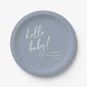 Dusty Blue Minimalist Boho Hello Baby Shower Paper Plate