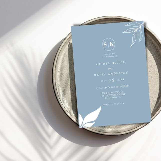 Dusty Blue Minimalist Branch Leaves Modern Wedding Invitation (Creator Uploaded)