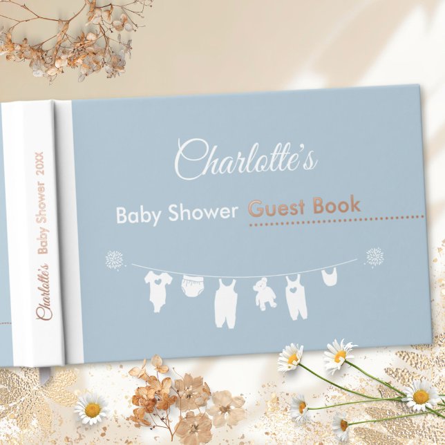 Dusty Blue Minimalist Clothesline Baby Boy Shower Guest Book (Minimalist Dusty Blue Baby Boy Clothesline Shower Foil Guest Book ©Susanne Sachers - Sunny Mind 🌞)