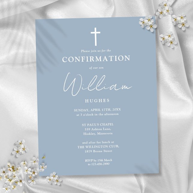 Dusty Blue Minimalist Confirmation Invitation Postcard (Dusty Blue Minimalist Confirmation Invitation Postcard)