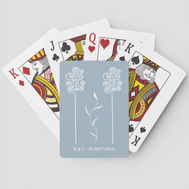 Dusty Blue Minimalist Curly Floral Playing Cards (Back)