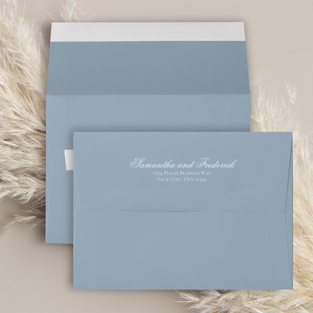 Dusty Blue Minimalist Custom Wedding Envelope (Dusty Blue calligraphy script return address envelope.)