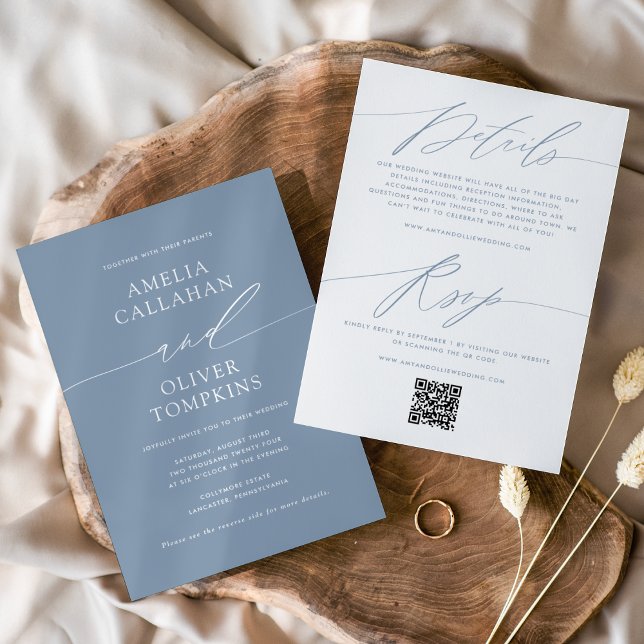 Dusty Blue Minimalist Double-Sided Wedding Invitation (Creator Uploaded)