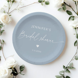 Dusty blue minimalist elegant calligraphy bridal paper plate