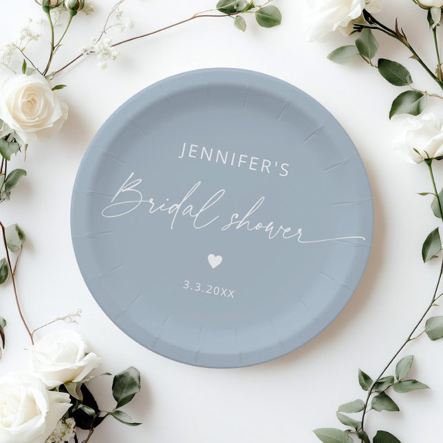 Dusty blue minimalist elegant calligraphy bridal paper plate (Creator Uploaded)
