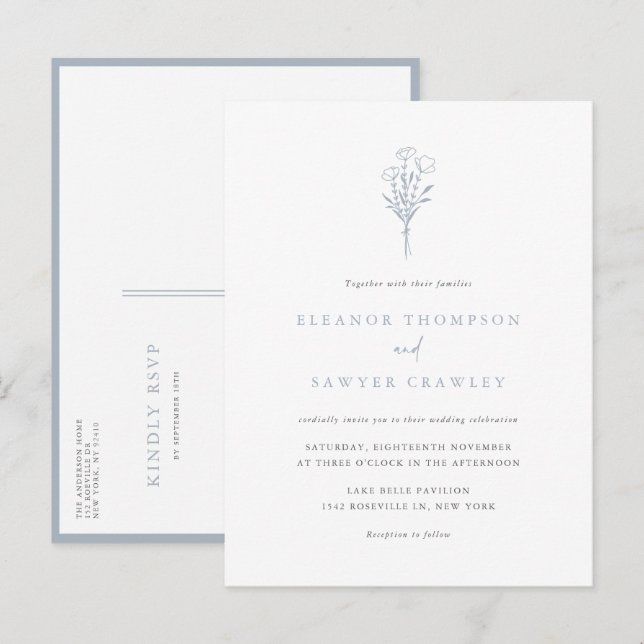 Dusty Blue Minimalist Floral Bouquet Wedding Invitation Postcard (Front/Back)