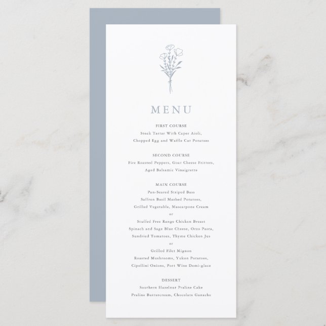 Dusty Blue Minimalist Floral Bouquet Wedding Menu (Front/Back)