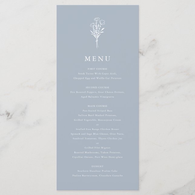 Dusty Blue Minimalist Floral Bouquet Wedding Menu (Front)