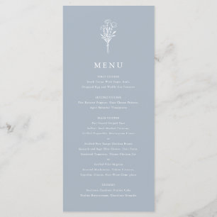 Dusty Blue Minimalist Floral Bouquet Wedding Menu