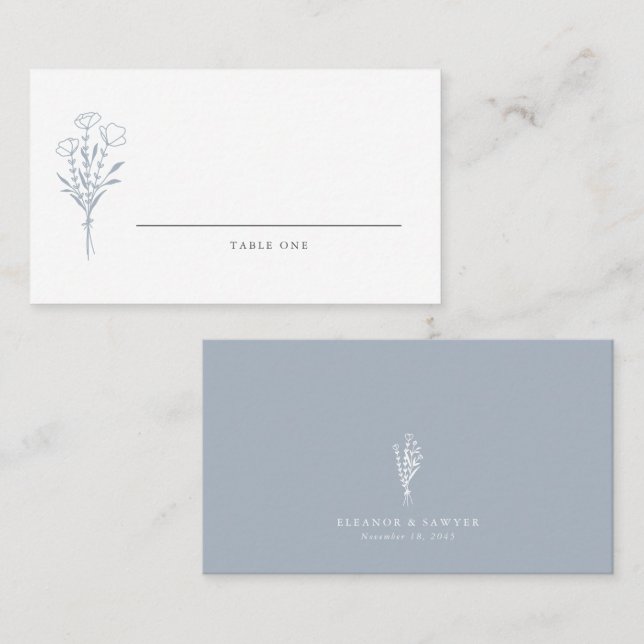 Dusty Blue Minimalist Floral Bouquet Wedding  Place Card (Front/Back)