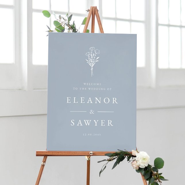 Dusty Blue Minimalist Floral Bouquet Wedding Poster (Customizable dusty blue wedding sign featuring minimalist floral bouquet. Available in other colors )