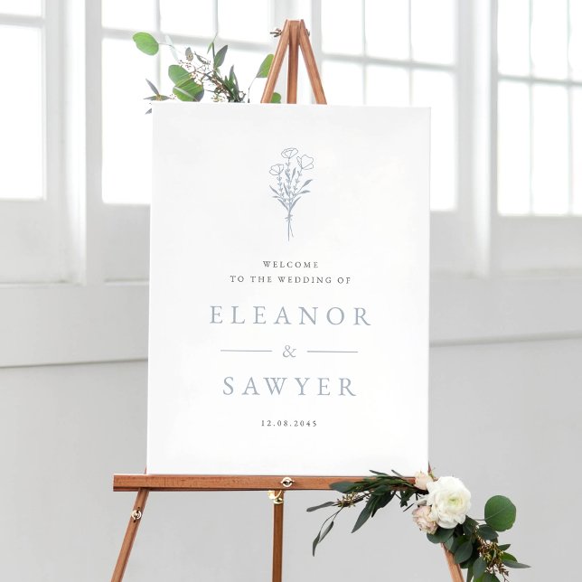 Dusty Blue Minimalist Floral Bouquet Wedding Poster (Customizable wedding welcome sign featuring minimalist floral bouquet. Available in other colors. )