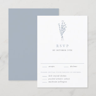Dusty Blue Minimalist Floral Bouquet Wedding RSVP Card