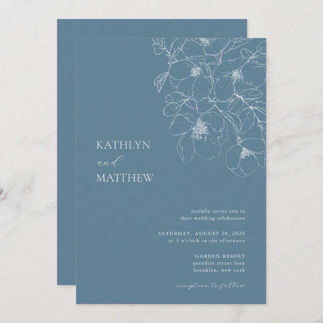Dusty Blue Minimalist Floral Modern Wedding Invitation (Front/Back)