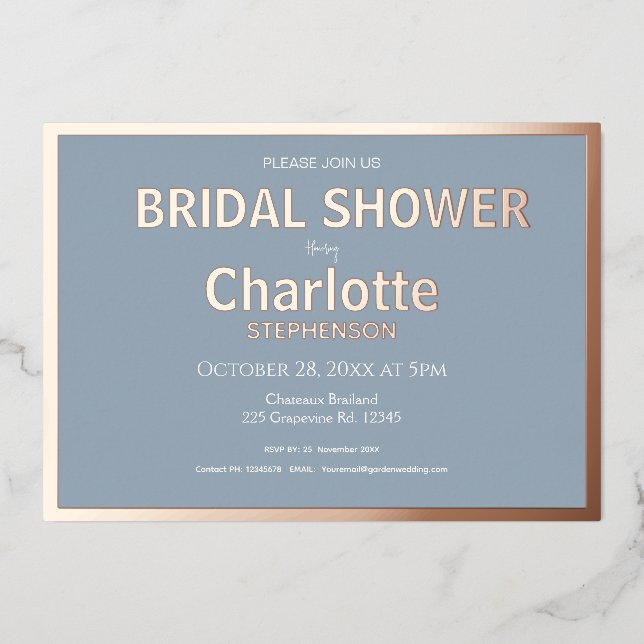 Dusty Blue Minimalist Gold Border Bridal Shower (Front)
