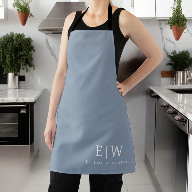 Dusty Blue Minimalist Modern Monogram Elegant Apron (Creator Uploaded)