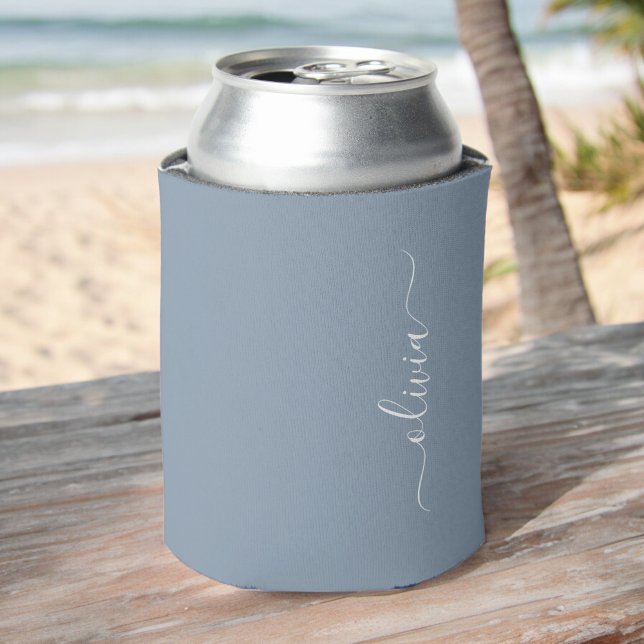 Dusty Blue Minimalist Modern Monogram Elegant Can Cooler (Creator Uploaded)
