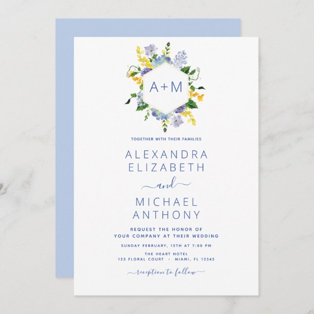 Dusty Blue Minimalist Modern Monogram Elegant Invitation (Front/Back)