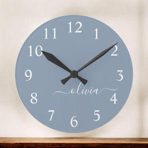 Dusty Blue Minimalist Modern Monogram Elegant Large Clock