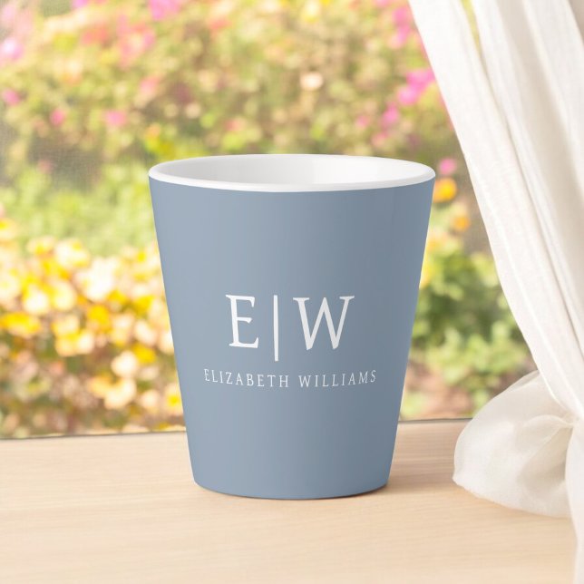 Dusty Blue Minimalist Modern Monogram Elegant Latte Mug (Creator Uploaded)